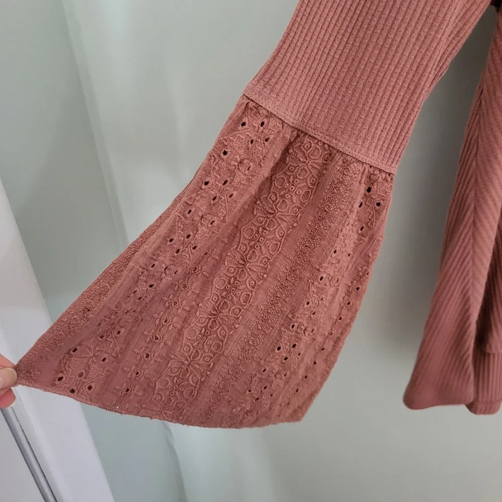 Free People Parisian Nights Women Med Bell Sleeves Boho Terracotta Rose V‎ Neck